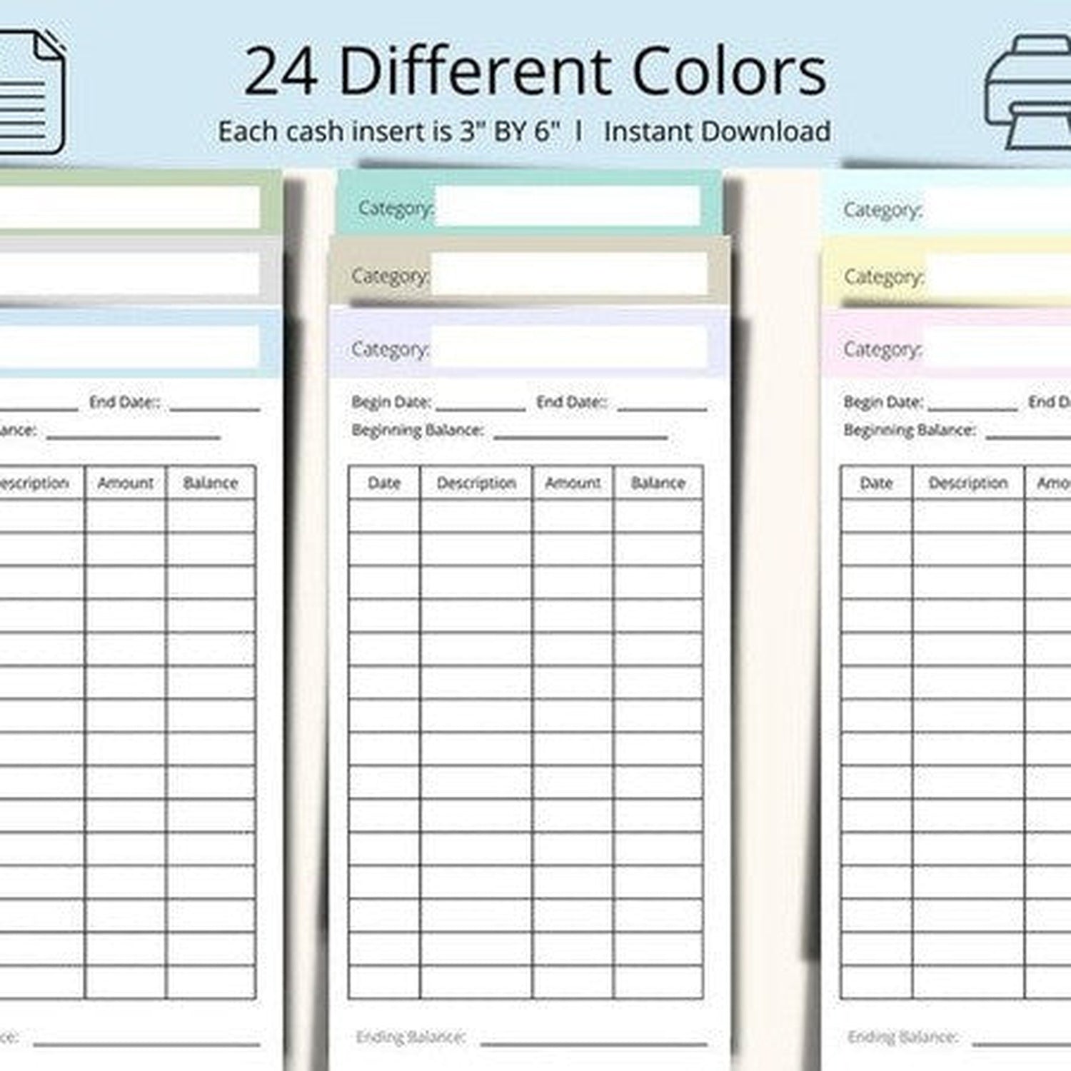 72 A6 Cash Envelope Insert Printables in 24 Colors
