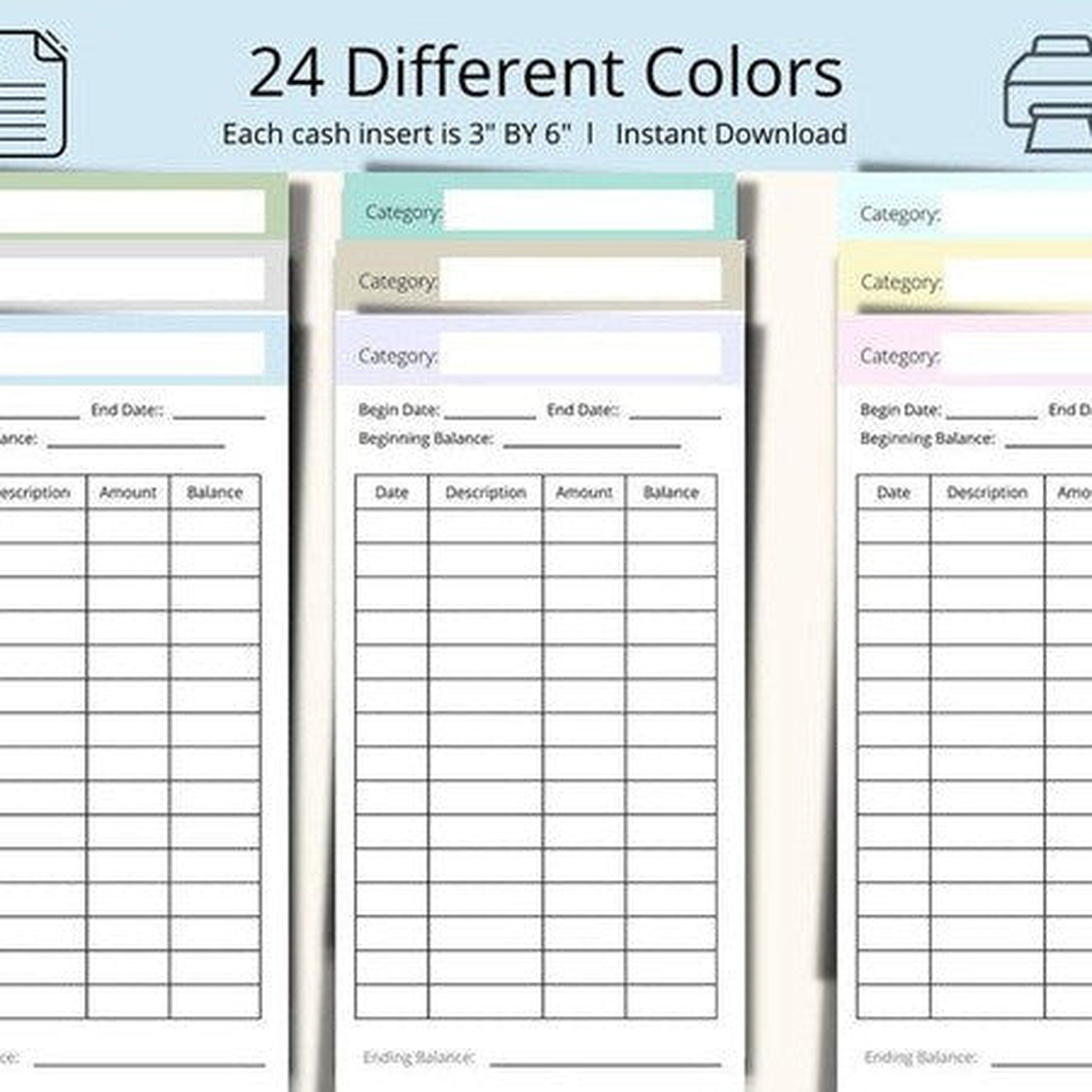 72 A6 Cash Envelope Insert Printables in 24 Colors