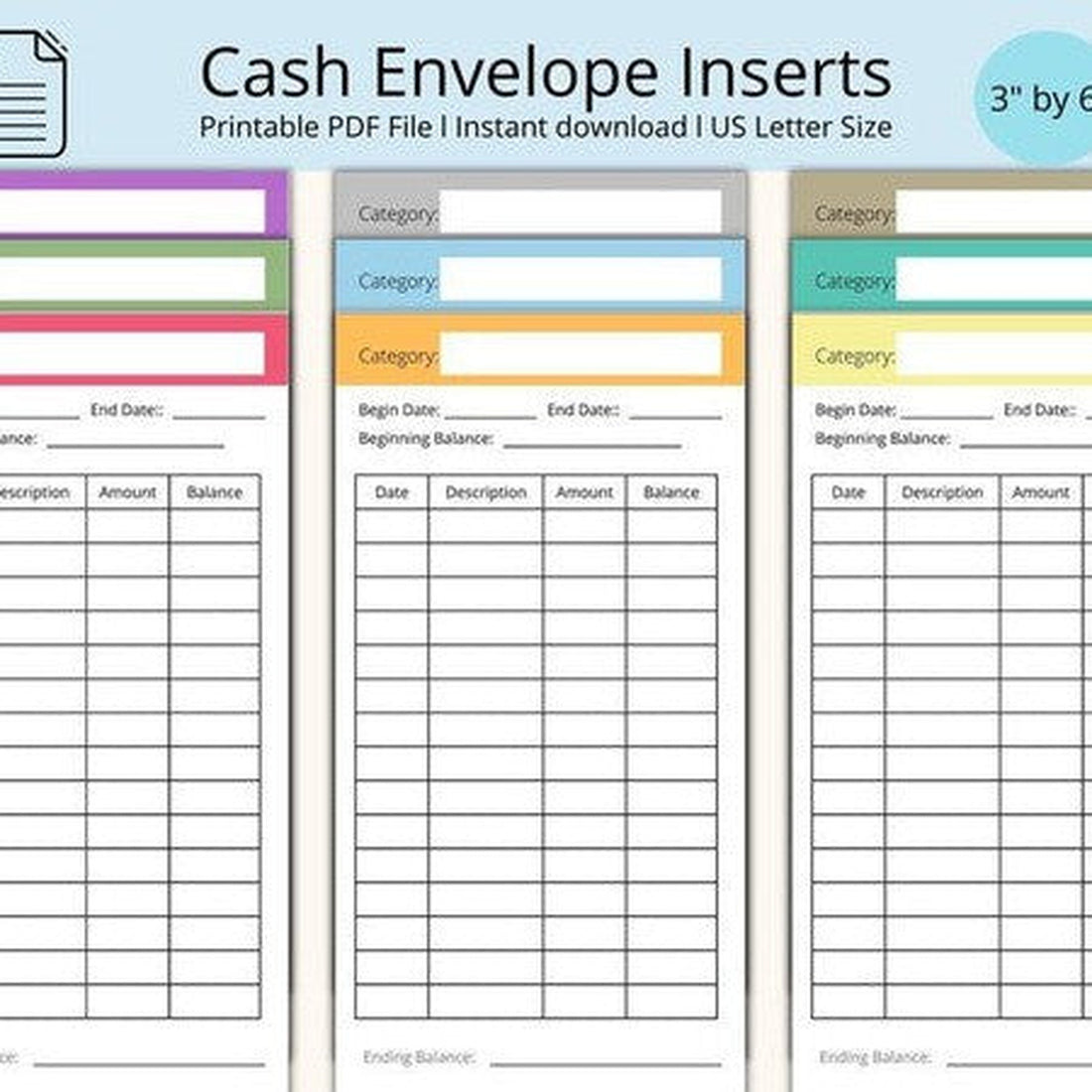 72 A6 Cash Envelope Insert Printables in 24 Colors